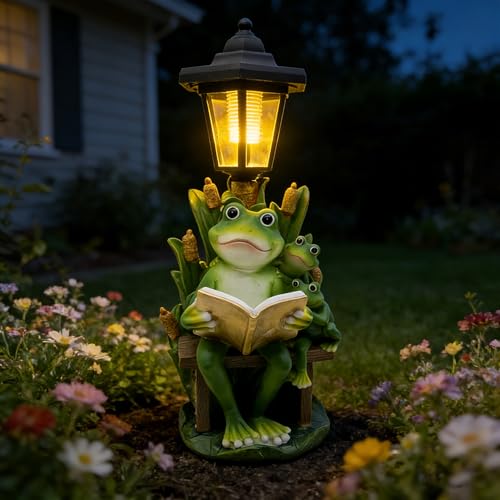 Vasesun Solar Frog Garden Statue for Outdoor Decor with Lantern - Lawn Decoration 16“ Tall Frog Figurine Lights for Patio, Yard, Porch Ornament - Valentine's Day Gifts for Mom, Grandma, Women