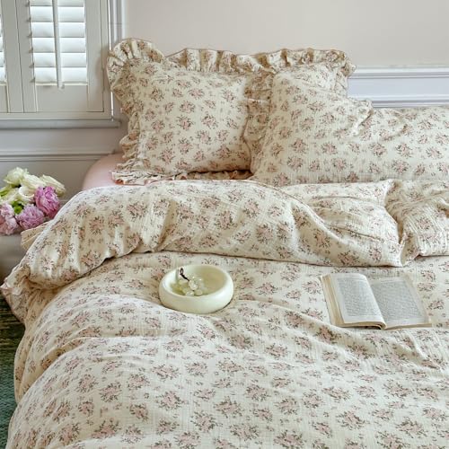 Image of VM VOUGEMARKET Muslin Cotton Duvet Cover Set Queen,Vintage Flower Comforter /Quilt Cover with Romantic Ruffles,Soft, Breathable & Lightweight 90 inchx90 inch