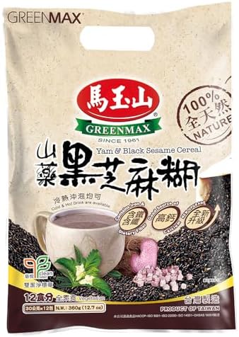 GREENMAX Yam & Black Sesame Cereal – Instant Hot & Cold Drink Mix, Nutrient-Rich Grain Beverage with Calcium, Iron & Fiber, Vegetarian, 12 Count (30g Each)