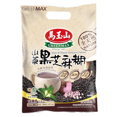 GREENMAX Yam & Black Sesame Cereal – Instant Hot & Cold Drink Mix, Nutrient-Rich Grain Beverage with Calcium, Iron & Fiber, Vegetarian, 12 Count (30g Each)