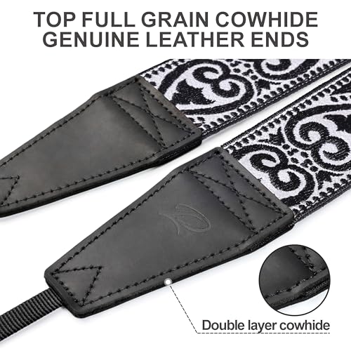 Image of Padwa Lifestyle Camera Strap - 2 inch Full Grain Leather Ends Camera Straps for Photographers, Vintage Silver Embroidered Cotton Weave Soft Suede Fabric Padded Strap Quick Release fits All Cameras