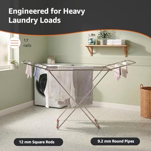 Image of Amazon Basics Heavy Duty Stainless Steel Foldable Cloth Dryer Stand | Strong Build | 3-Way Folding | Anti-Corrosion | PVC Bushes | Easy to Carry | 42 Ft Drying Length | Expandable Wings | 17 Rails | Pack of 1