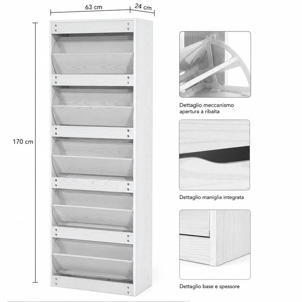 BAKAJI Scarpiera 5 Ripiani Salvaspazio con Maniglia a Scomparsa, Portascarpe con Struttura in Legno e Ante a Ribalta con Doppio Fondo, Capacità Fino a 30 Paia di Scarpe, 63 x 24 x 170 cm (Bianco)