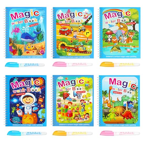 Wassermalbücher 6 Stück Magic Malbuch mit Wasserstift, Wiederverwendbares Magisches Malbücher Water Colouring Book, Magisches Wassermalbuch für Kinder, A5