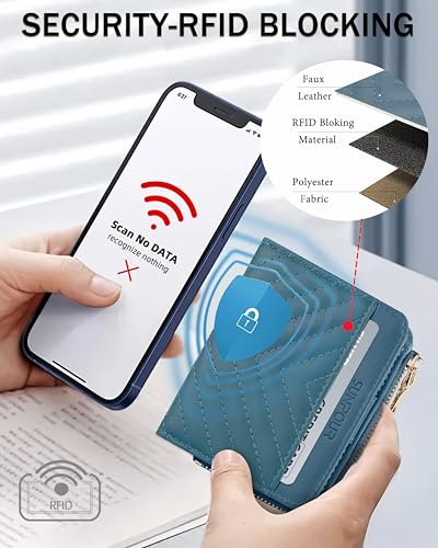 Image of Small Bifold Wallets Woman RFID Mini Wallet for Women Slim Card Holder with Zipper Coin Pocket & 2 ID Windows(Lake Blue)