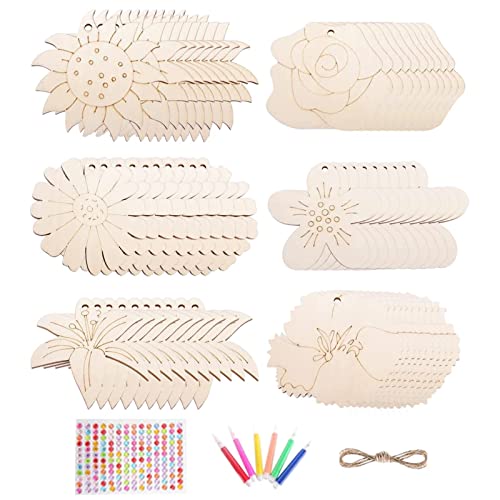 Lot de 5 découpes de fleurs en bois for travaux manuels – 60 pièces de peinture en bois vierge en forme de fleur, tranches de bois vierges à suspendre for enfants, peinture, fournitures de fête.