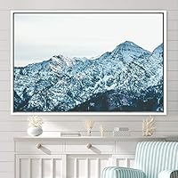 Framed Canvas Wall Art Snow Mountain Cool Expressive Farmhouse/Country Landscape Mountain Top Multicolor Photography Portrait Realism - 16x24 inches