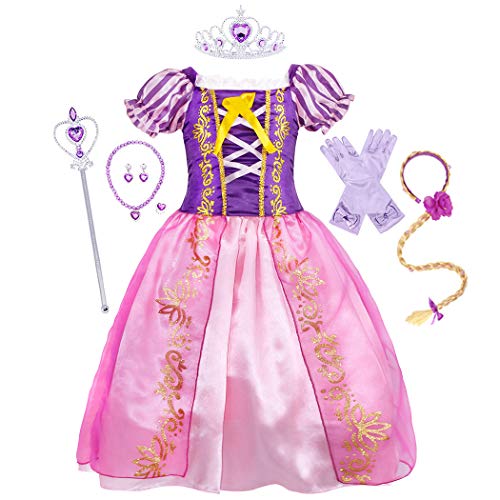 Girls Princess Costume Dress Up Kids Clothes Halloween Birthday Cosplay Party Fairy Tales Costumes with Long Braid Accessories Kids 6T