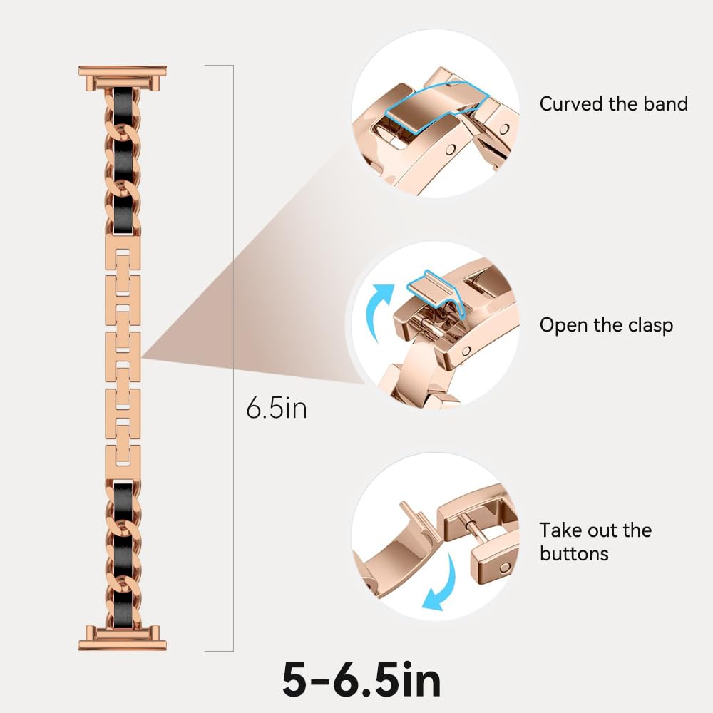 LYSANDRA Correa de pulsera de cadena de metal ajustable compatible con reloj inteligente Fitpolo AR-01, aeac AR-01, correa de pulsera de cadena de metal ajustable con cuero (oro rosa)