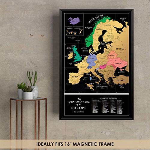 Detailed Scratch Off Map Of The Europe - Easy To Frame 24 X 16 European Travel Map Poster With Cities - Large Black And Gold Push Pin Travel Wall Maps - Scratchable Europe Map With Scratcher Included #TOP5