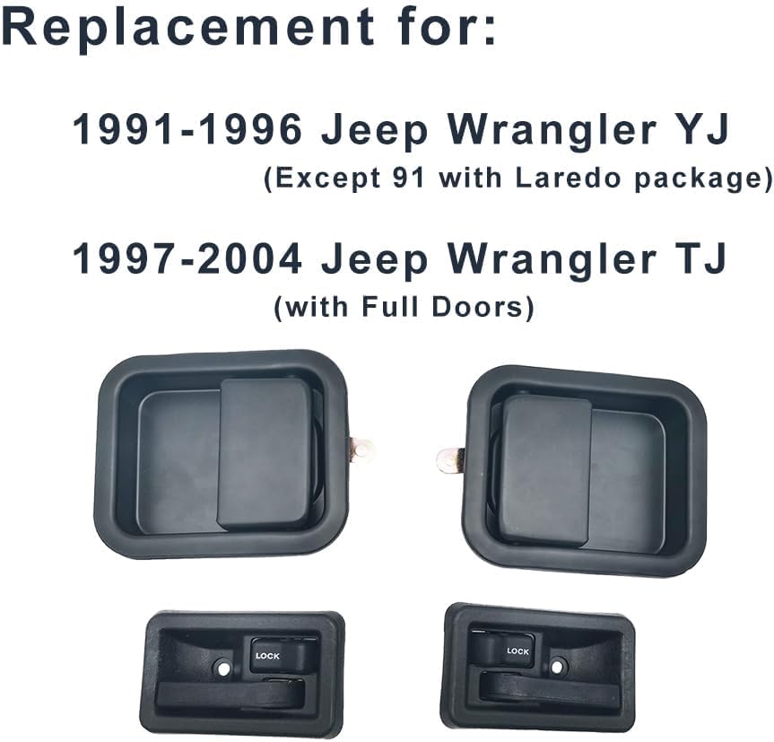 Set of 2 × Outside + 2 × Inner Door Handles Compatible with 1991-2004 Wrangler TJ YJ Left Driver + Right Passenger Side Exterior and Interior
