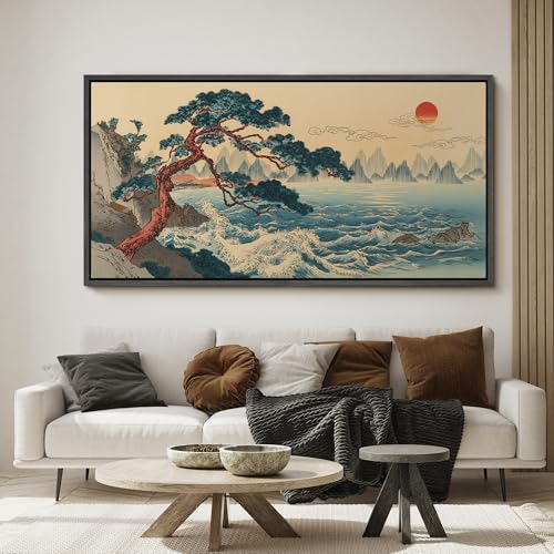 Image of MUDECOR Extra Large Framed Canvas Print Wall Art Traditional Asian Coastal Pine Tree Sunrise Landscape Antique Retro Ready to Hang Painting for Living Room Bedroom Multi-Sizes - 60 inchx30 inch