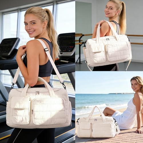 Image of Small Gym Bag for Women, Travel Duffle Bag Carry On Weekender Bag with Shoe Compartment, New#Beige, Small to Medium, Stylish Gym Bag