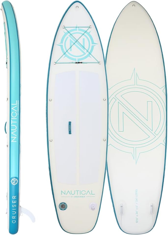 iROCKER Nautical GO Cruiser Inflatable Stand Up Paddle Board, Superb Maneuverability 10' Long 34" Wide 6" SUP with Leash, Fins & Repair Kit