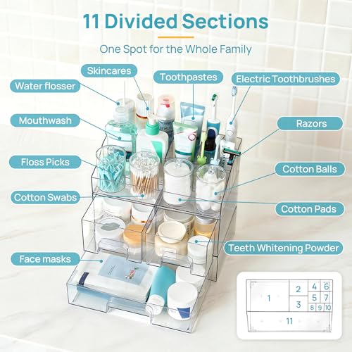 Image of Vtopmart 8 PCS Bathroom Countertop Organizer, 1 Divided Tray with 4 Qtip Holder Jars and 3 Drawers, Restroom Clear Organizers for Toothbrush, Cotton Pads, Vanity Accessories Storage Set
