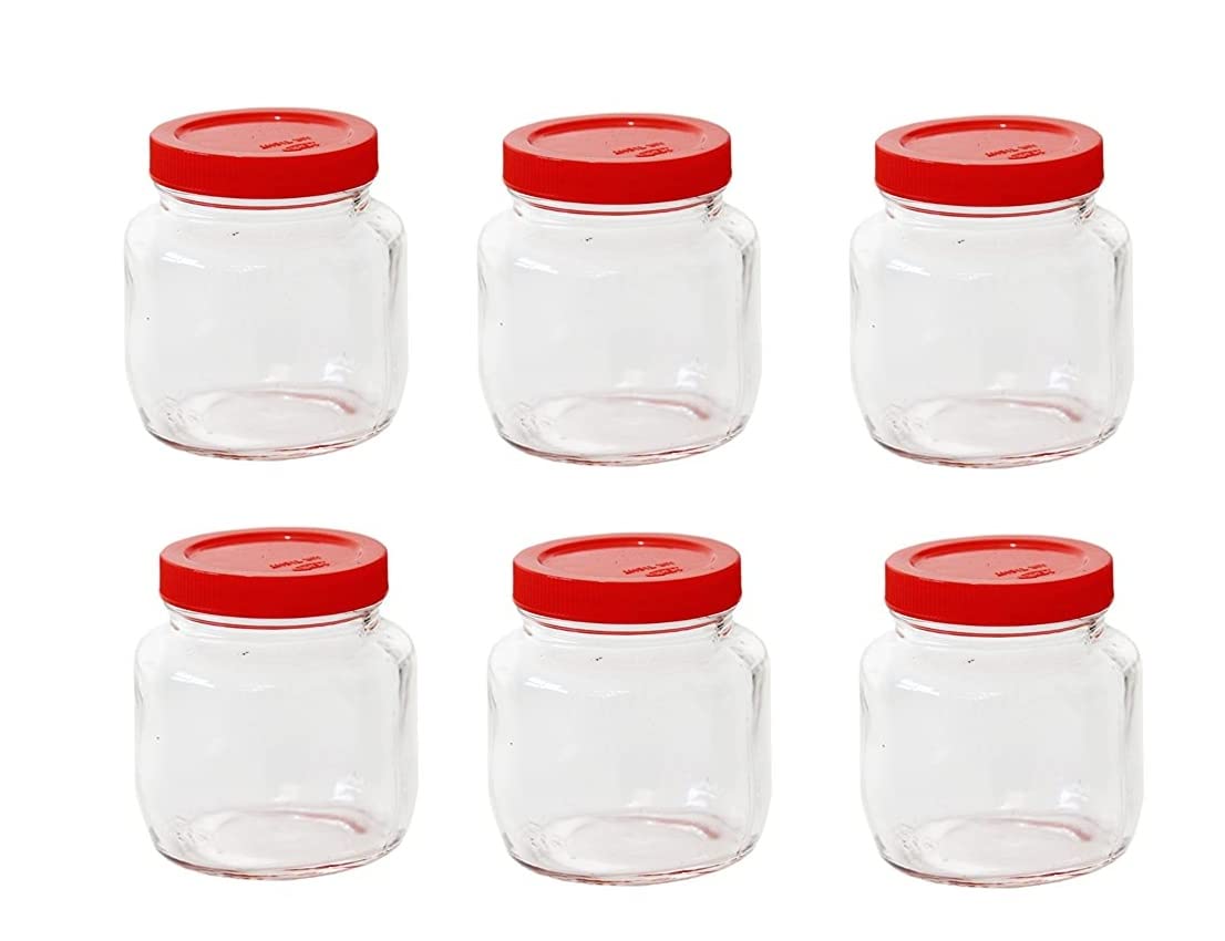 Yera Premium 6-Pack Glass Jar with Airtight Red Lid - 565 ml | Kitchen & Food Storage Container | FREE Bonus 6 CAPS