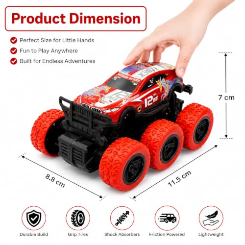 Image of 6 Wheel Monster Truck Toy for Kids, Friction Powered Push and Go Racing Car, Big Wheel Off-Road Vehicle, Heavy Duty Plastic Stunt Truck for Age 3+ Years (Pack of 1) (6 Wheels Monster Truck)