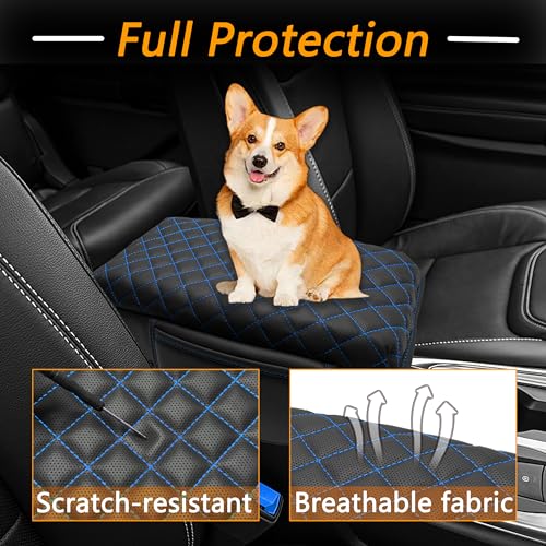Center Console Cover for Ford Explorer 2026 2025 2020-2024 Accessories 1.2in Thickness Armrest Cover Leather Arm Rest Box Lid Protector Cushion Pad Middle Console Cover with Side Pockets (Blue Stitch) by SENSHINE - Used condition - Image 3