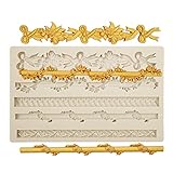 Baroque Scroll Relief Fondant Mold, Silicone Cake Border Molds, European Frame Scroll Lace, Vintage Curlicues for Cake Cupcake Decoration, Candy, Chocolate, Gum Paste, Polymer Clay, Resin (ZH50)