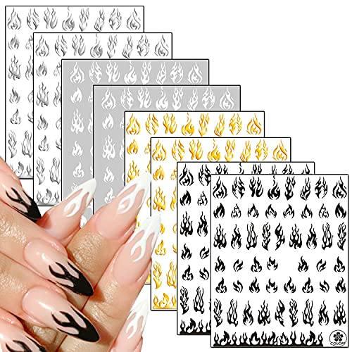 8 Sheets Flame Nail Art Stickers - 3D Self-Adhesive Fire