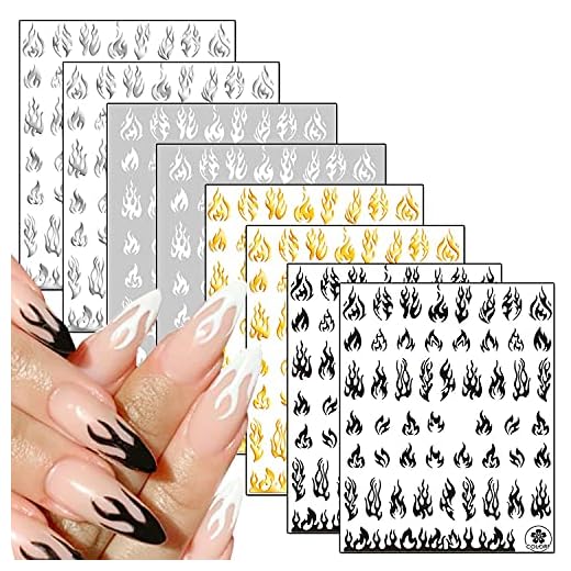 8 Sheets Flame Nail Art Stickers Decals 3D Self-Adhesive Nail Art Design Fire Nail Sticker Decor White Black Silver Gold Flame Nail Art Supplies for Women Girls Manicure Tips Acrylic Nails Stickers