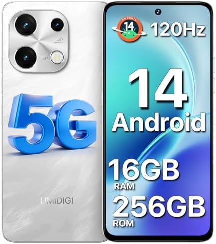 UMIDIGI 5G Unlocked Cell Phone, 16GB+256GB ROM（1TB Expandable）, 6.8" 120Hz HD+ Display, 50MP Triple Camera, 5000mAh 20W Fast Charging, Android 14 Face Unlock, Dual SIM GPS, White