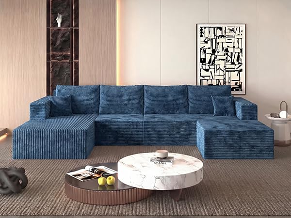 Image of 118 inch Modular Sectional Sofa with Chaise and Ottoman,Oversized U-Shaped Corduroy Cloud Couch,Deep Seat Boneless Couch for Living Room,No-Assembly,Blue (Left Facing Chaise)