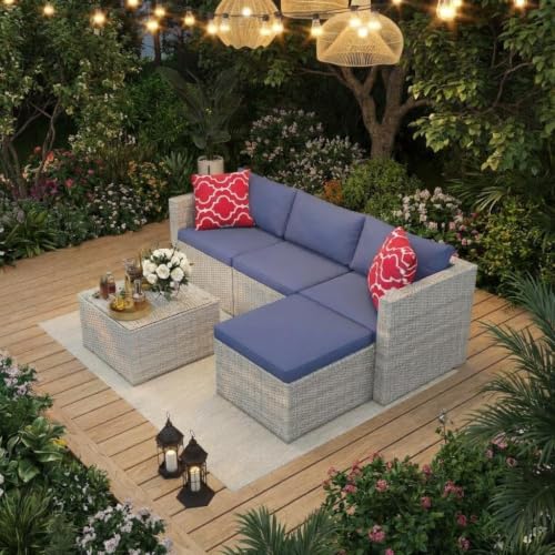 Image of GAOMON 5-Piece Outdoor PE Wicker Patio Sofa Set, All-Weather Modular L-Shaped Sectional with Ottoman, Glass-Top Coffee Table, Thick Cushions & Accent Pillows