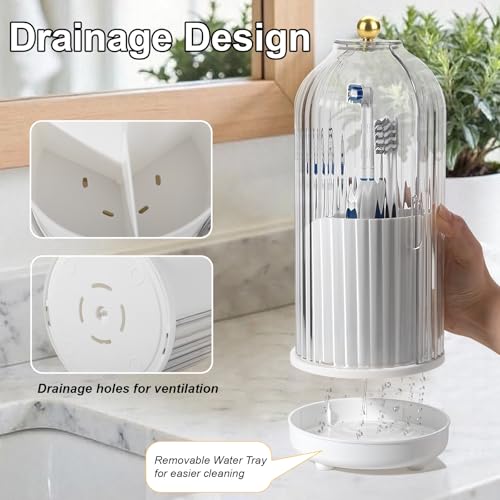 Toothbrush-Holders-with-Cover-Toothpaste-Organizer-for-Bathroom-White-360-Rotating-Dustproof-Sliding-Lid-Drainage-Holes-Waterproof-for-Kids-Electric-Toothbrush-Makeup-Brush-Storage