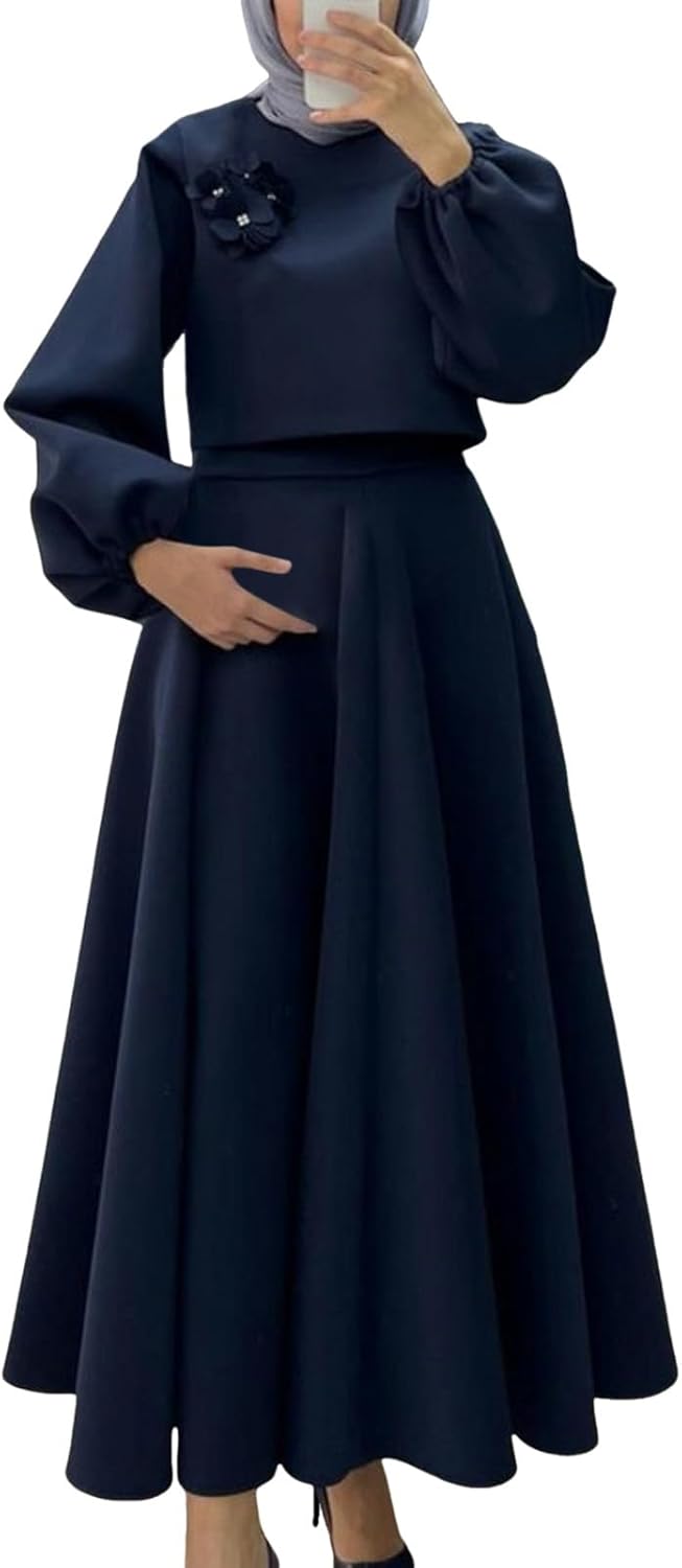 Women's Muslim Fashion Loose Long Sleeve Floral Top Dress Two Piece Set Burkas for Women Hijab Dress