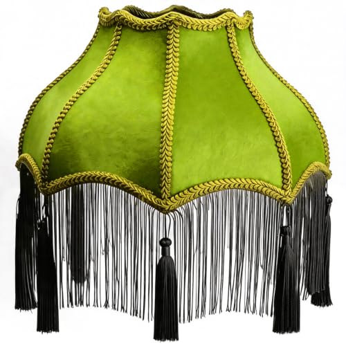 Victorian Lamp Shade, Tassel and Fringe,5.5"x12"x13" Style Bell Shape Scallop velvet top replacement lamp,Floor and Bedside Lamps (Olive Green)
