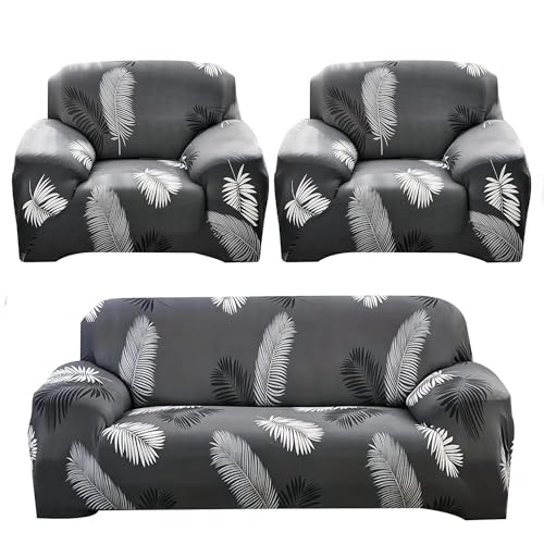Image of Gurnoor Sofa Cover One 3 Seater and Two 1 Seater Fully Covered Universal 5 Seater for Living Room Non-Slip Sticky Elastic Stretchable Couch Sofa Set Slipcover Protector(Grey-Leaf)