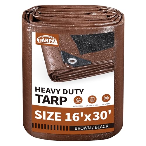 TARPAL Tarp 16x30 Feet Large Tarps Heavy Duty Waterproof 10mil Multipurpose Protective Cover Waterproof Snow or UV Protection Durable Reinforced Edges(Brown/Black)