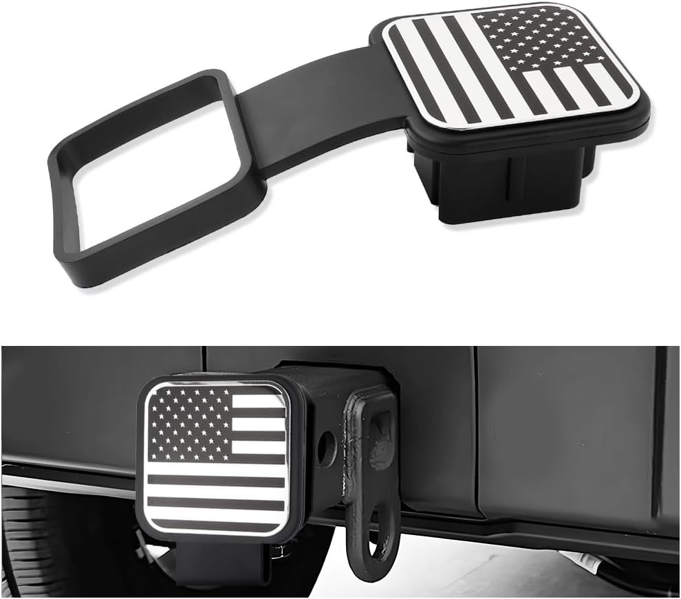 carleef Trailer Hitch Covers - Unique US Flag Tow Hitch Covers 2 Inch with Square Mouth for Car Decorations & Protections,Rubber Hitch Receiver Cover Fits Car Truck Accessories (US Flag/Silver)
