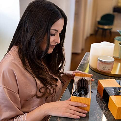 Belula Boar Bristle Round Brush for Blow Drying Set. Round Hair Brush With Medium 2.4" Wooden Barrel. Hairbrush Ideal to Add Volume and Body. Free 3 x Hair Clips & Travel Bag.