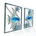 LIFFY Metal Fish Wall Decor with Frame-Outdoor Wall Art, Wall Decor with LED Fairy Lights, Fish Glass Art Wall Sculpture for Patio,Beach,Garden,Yard,Pool,home gift(2pcs, Blue)