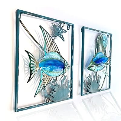 LIFFY Metal Fish Wall Decor with Frame-Outdoor Wall Art, Wall Decor with LED Fairy Lights, Fish Glass Art Wall Sculpture for Patio,Beach,Garden,Yard,Pool,home gift(2pcs, Blue)
