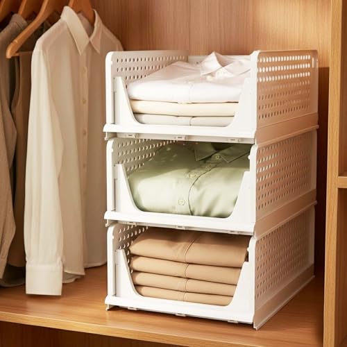 Image of Go Hooked Foldable Wardrobe Organizer with Drawer Style Pull Out Design | Pack of 3 Large (44x34x19 cm) Shelf Storage Box | Heavy Duty Plastic Shirt Stacker for Cupboard, Almirah & Closet | White