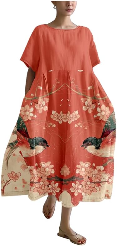 Women's Maxi Dress Casual Trendy Short Sleeve Crew Neck Japanese Art Plus Size T Shirts Dress