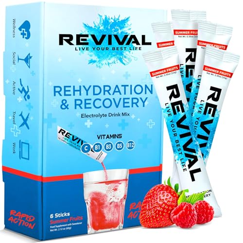 Revival Rapid Rehydration Electrolytes Powder - High Strength Vitamin C B1 B3 B5 B12 Supplement Sachet Drink Effervescent Electrolyte Hydration Tablets - 6 Pack Summer Fruits