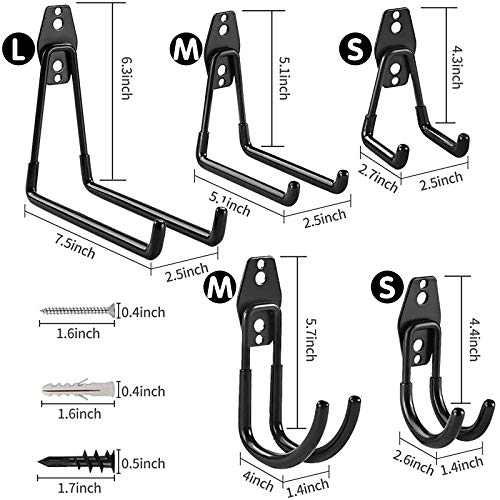 LIIBOT 2 Pack Garage Hooks with Heavy Duty Steel Storage Tool Hangers for Garage Wall Mount Utility Double Hooks with Anti-Slip Coating for Bike Garden Tools Ladders Bulky Items (S, J-Shaped, Black)