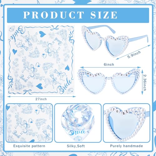 Bride Bandana and Blue Heart Sunglasses Set, Bride to Be Head Scarf Headband Something Blue Bachelorette Party Decorations Favors Accessories Bridal Shower Wedding Bridesmaid Gifts2