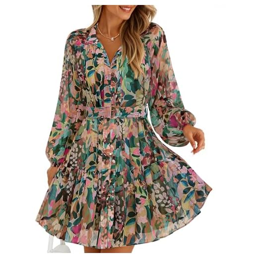 ZESICA Womens Fall Floral Mini Dress 2025 Long Sleeve Button Down Chiffon A Line Flowy Short Shirt Dresses with Belt Green Small
