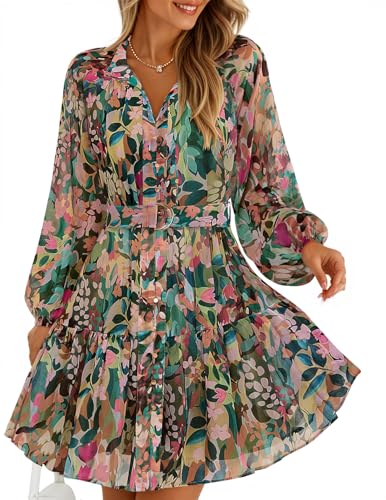ZESICA Womens Fall Floral Mini Dress 2025 Long Sleeve Button Down Chiffon A Line Flowy Short Shirt Dresses with Belt