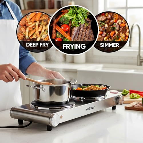 Image of CUSIMAX Electric Hot Plate, 1800W Double Burner, Cast Iron Countertop Cooktop, Hot Plates for Cooking, Portable Countertop Stove, Compatible with all Cookwares, Upgraded Version