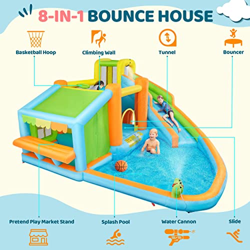 Yaheetech Inflatable Bounce House, Water Bouncer Castle for Kids Aged 3-10 W/Splash Pool, Toy Market Stand, Bouncer Area, Slide, Climbing Wall, Storage Bag, 520W Blower for Outdoor Backyard