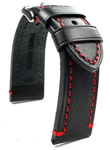 Bracelet de montre en cuir 24mm noir et couture rouge ruban Catalonia pour style aviateur rétro