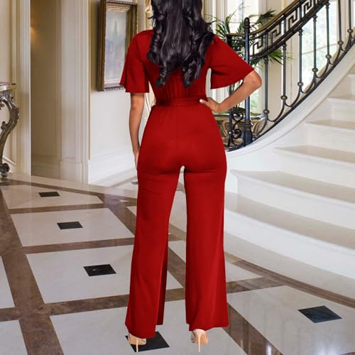 Image of PaladMom Womens Elegant Plus Size Jumpsuits Sexy Back zipper Short Sleeve Mid Waist Wide Leg Straight Rompers