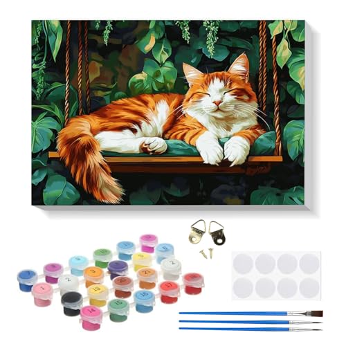 RICUVED Gato Pintar por Numeros Adultos Animal con Marco, DIY Cuadros para Pintar por Números con Caballete de Madera, Pintura Acrilica Manualidades Adultos Decoracion 20x30cm