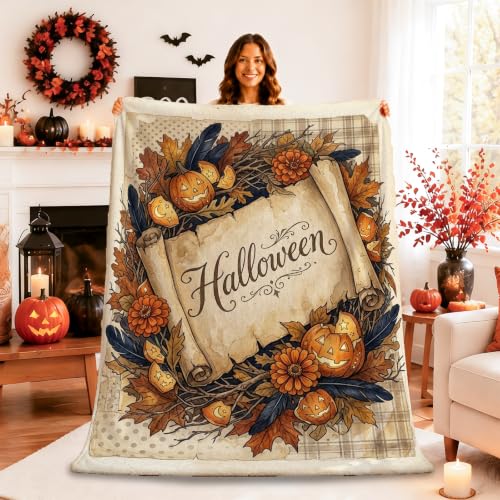 Halloween Pumpkins Autumn Scroll Jack-o'-Lantern Throw Blanket 50x60 Inch